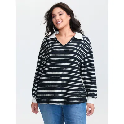 Bloomchic Women's Plus Size Stripe Print Layered T-shirt Navy Stripes Casual Long Sleeve 18-20/2x In Blue