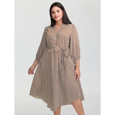 Bloomchic Women's Plus Size Stripe Print Pockets Belted Midi Dress Browncoffeecolor Stripes Midi Office Gather