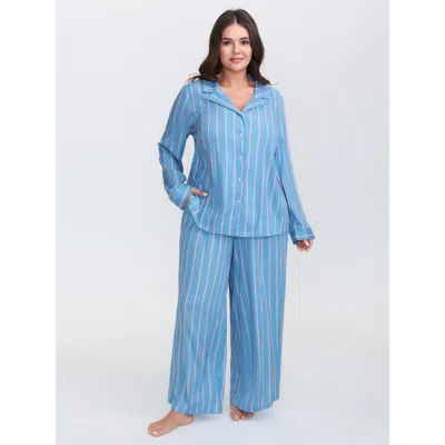 Bloomchic Women's Plus Size Stripe Print Pockets Two-piece Pajama Set Lightblue 10/m In Blue
