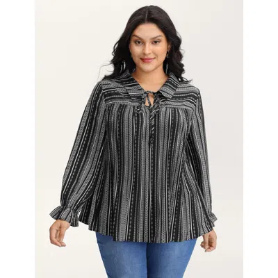 Bloomchic Women's Plus Size Stripe Print Semi Sheer Pleated Blouse Blackflower Stripes Vacation Long Sleeve 12