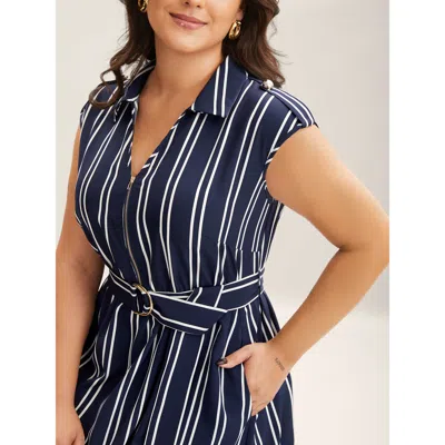 Bloomchic Women's Plus Size Stripe Print Zipper Belted Midi Dress Navy Stripes Midi Office Wide Waistband 26/4 In Blue