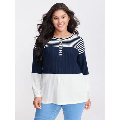Bloomchic Women's Plus Size Stripe Ribbed Button Placket T-shirt Darkblue Geometric Casual Long Sleeve 10/m In Blue