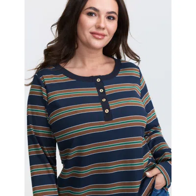 Bloomchic Women's Plus Size Stripe Ribbed Button Round Neck T-shirt Darkblue Stripes Casual Long Sleeve Round  In Blue