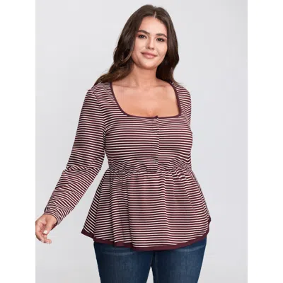 Bloomchic Women's Plus Size Stripe Scoop Neck Cinched-waist T-shirt Burgundy Stripes Casual Long Sleeve 26/4x