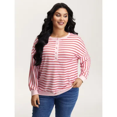 Bloomchic Women's Plus Size Stripe Snap Button Round Neck Sweatshirt Mistyrose Casual 12/l