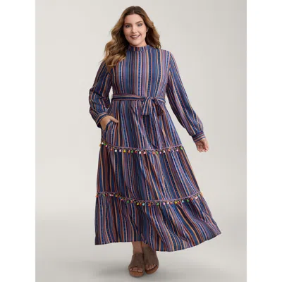 Bloomchic Women's Plus Size Stripe Tassels Stretchy Waist Pockets Maxi Dress Darkblue Stripes Maxi Vacation 10 In Blue