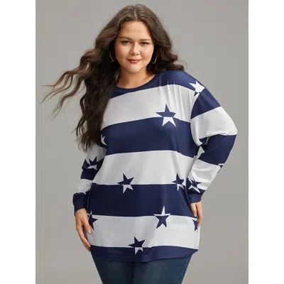 Bloomchic Women's Plus Size Striped & Star Contrast Crew Neck T-shirt Blue Dailywear Long Sleeve 10/m