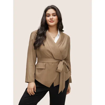 Bloomchic Women's Plus Size Striped Asymmetrical Hem Belted Flap Pocket Blazer Bronze Striped Non Sleeve Long  In Brown