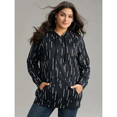 Bloomchic Women's Plus Size Striped Asymmetrical Kangaroo Pocket Hooded Sweatshirt Black Striped Dailywear 10/