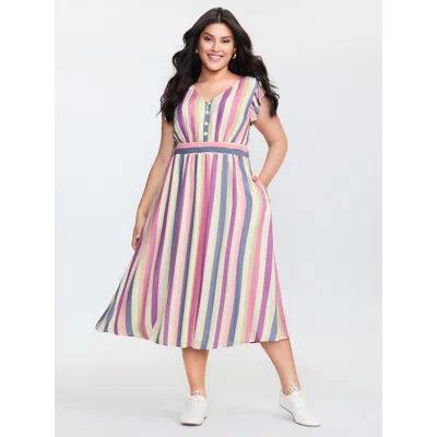 Bloomchic Women's Plus Size Striped Babydoll Flutter Sleeve Midi Dress Multicolor Stripes Midi Casual Button 1