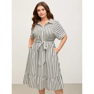 Bloomchic Women's Plus Size Striped Belted Cinched Button Placket Midi Dress Black Stripes Midi Office Belted 