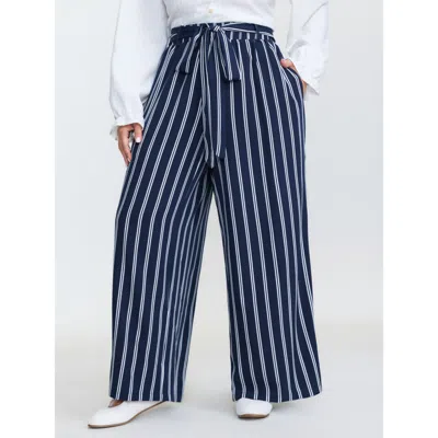 Bloomchic Women's Plus Size Striped Belted Straight-leg Pants Indigo Stripes Straight Fit High Rise Casual 10/ In Purple