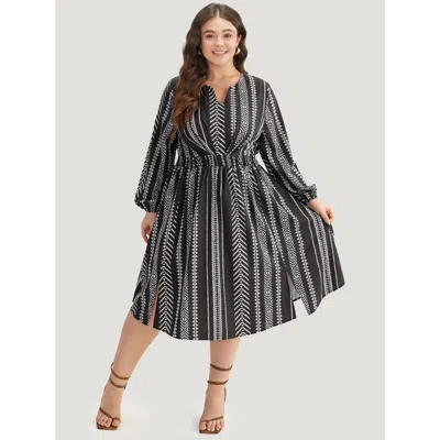 Bloomchic Women's Plus Size Striped Boho Print Shirred Split Hem Dress Black Vacation Elastic Cuffs 14-16/1x