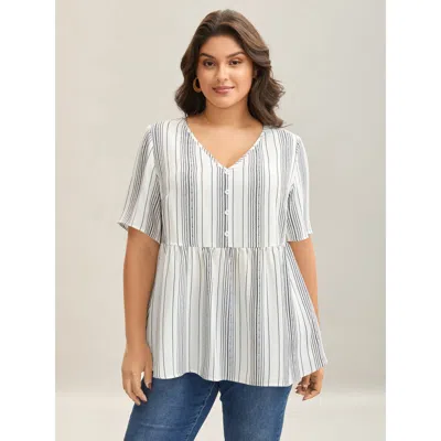 Bloomchic Women's Plus Size Striped Button Detail Flowy Shirt Ivory Stripes Vacation Short Sleeve V-neck 30/6x In White