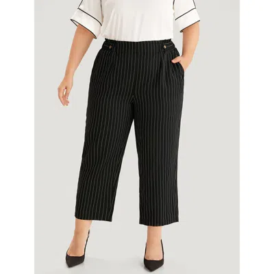 Bloomchic Women's Plus Size Striped Button Detail Pocket Pleated Pants Black High Rise Office 10/m