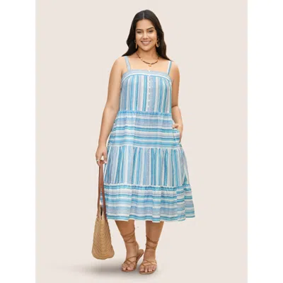 Bloomchic Women's Plus Size Striped Button Detail Ruffle Layered Hem Dress Cerulean Stripes Midi Vacation Gath In Blue