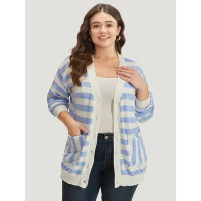 Bloomchic Women's Plus Size Striped Button Down Patched Pocket Cardigan Lightblue Long Sleeve 12/l In Blue