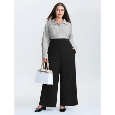 Bloomchic Women's Plus Size Striped Button Front Wide Leg Jumpsuit Pureblack Office 10/m