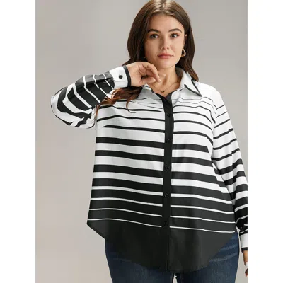 Bloomchic Women's Plus Size Striped Button Through Curved Hem Blouse Black Office Long Sleeve 14-16/1x