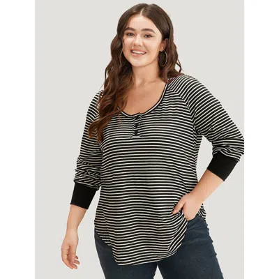 Bloomchic Women's Plus Size Striped Button Up Curved Hem Patchwork T-shirt Black Dailywear Long Sleeve 12/l