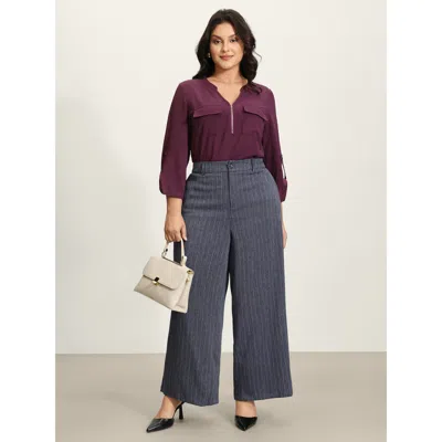 Bloomchic Women's Plus Size Striped Button Wide-leg Pants Indigo Stripes Wide Leg Mid Rise Office 28/5x In Purple