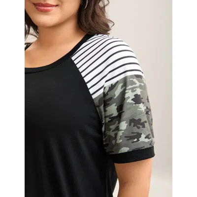 Bloomchic Women's Plus Size Striped Camouflage Print Round Neck T-shirt Black Non Casual Short Sleeve 10/m