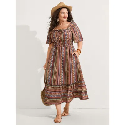 Bloomchic Women's Plus Size Striped Cinched-waist Midi Dress Yellowishbrown Bohemian Print Midi Vacation Tie K
