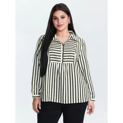 Bloomchic Women's Plus Size Striped Collar Textured Half-placket Blouse Black Stripes Office Extra Long Sleeve