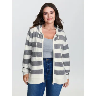 Bloomchic Women's Plus Size Striped Color Contrast Hooded Cardigan Mediumgray Long Sleeve Hooded Neck 10/m