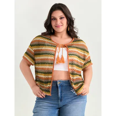 Bloomchic Women's Plus Size Striped Color Contrast Knit Top Brightorange Short Sleeve Vacation Round Neck 10/m