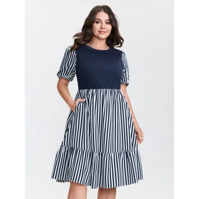 Bloomchic Women's Plus Size Striped Color Contrast Lined Mini Dress Darkblue Stripes Midi Casual Colorblock 30 In Blue
