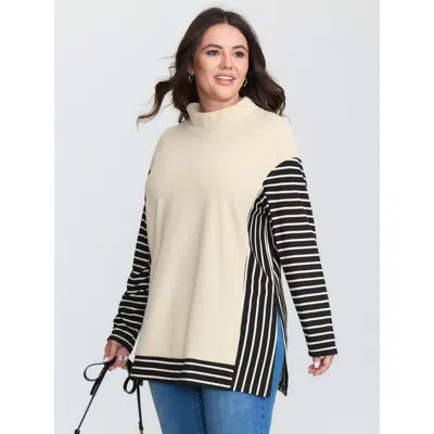 Bloomchic Women's Plus Size Striped Color Contrast Mockneck T-shirt Apricot Stripes Casual Long Sleeve Mock Ne In Orange