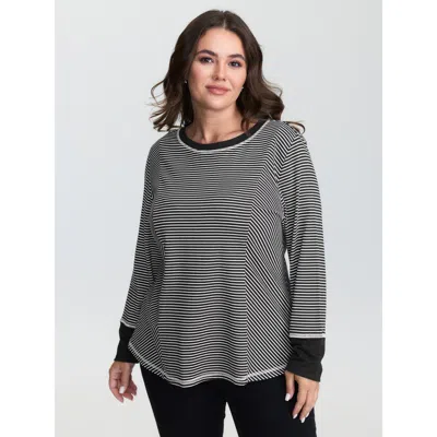Bloomchic Women's Plus Size Striped Color Contrast Round Neck T-shirt Black Stripes Casual Long Sleeve Round N
