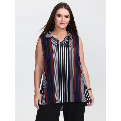 Bloomchic Women's Plus Size Striped Color Contrast Sleeveless Top Darkblue Office Relaxed Fit Fit & Flare Polo In Blue