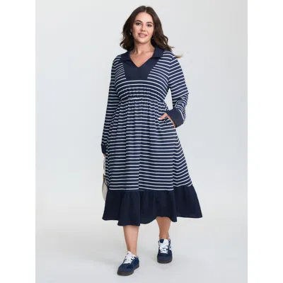 Bloomchic Women's Plus Size Striped Color Contrast Textured Midi Dress Indigo Stripes Midi Casual Patchwork 12 In Purple