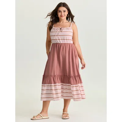 Bloomchic Women's Plus Size Striped Color Contrast Tiered Midi Dress Multicolor Stripes Midi Casual Tie Knot 2