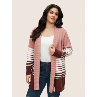 Bloomchic Women's Plus Size Striped Colorblock Contrast Lapel Collar Cardigan Watermelon Long Sleeve 12/l In Green