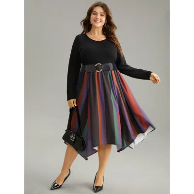 Bloomchic Women's Plus Size Striped Colorblock Contrast Pocket Elastic Waist Dress Multicolor Office Patchwork