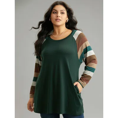 Bloomchic Women's Plus Size Striped Colorblock Contrast Pocket Raglan Sleeve T-shirt Darkgreen Dailywear Long  In Green