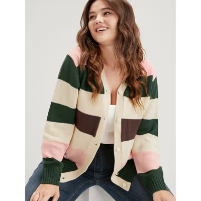 Bloomchic Women's Plus Size Striped Colorblock Contrast Pointelle Knit Button Front Cardigan Beige Long Sleeve In Sand