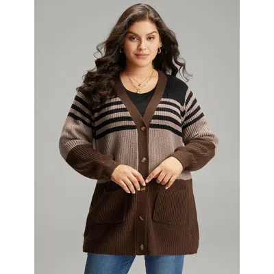 Bloomchic Women's Plus Size Striped Colorblock Patched Pocket Cardigan Multicolor Long Sleeve 12/l