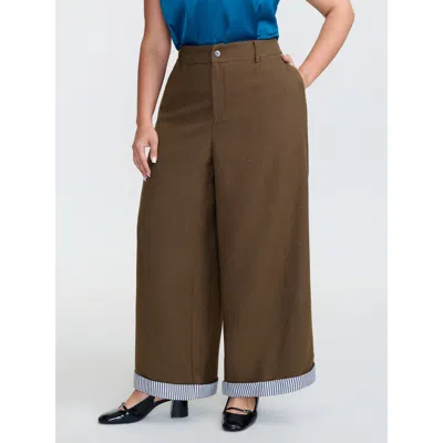 Bloomchic Women's Plus Size Striped Color-blocked Hem Pants Browncoffeecolor Stripes Straight Fit Mid Rise Off