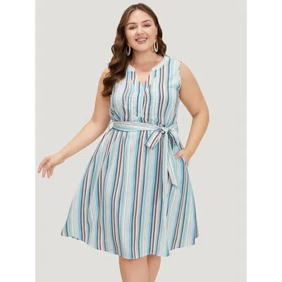 Bloomchic Women's Plus Size Striped Contrast Belted Pocket Notched Tank Dress Lightblue Dailywear Colorblock 1 In Blue
