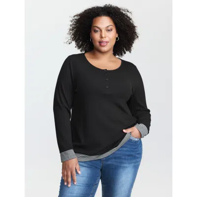 Bloomchic Women's Plus Size Striped Contrast Button Placket T-shirt Black Solid Casual Long Sleeve Round Neck 