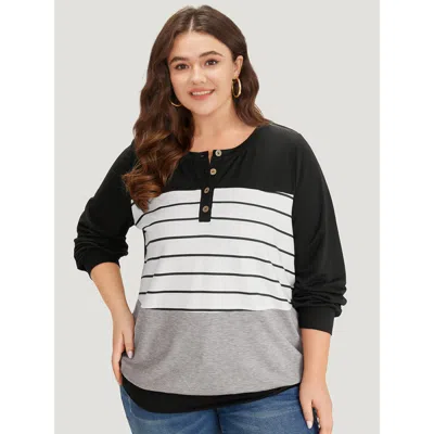 Bloomchic Women's Plus Size Striped Contrast Button Up Elastic Cuffs Sweatshirt Multicolor Striped Dailywear 1