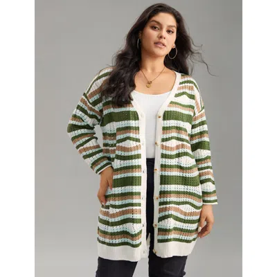 Bloomchic Women's Plus Size Striped Contrast Button Up Hollow Out Cardigan Multicolor Long Sleeve 18-20/2x