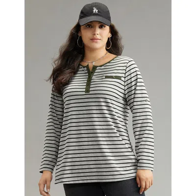 Bloomchic Women's Plus Size Striped Contrast Button Up Tab Sleeve T-shirt Gray Everyday Long Sleeve 10/m