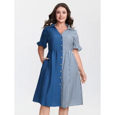 Bloomchic Women's Plus Size Striped Contrast Collar Button Midi Dress Mediumblue Stripes Midi Casual Colorbloc
