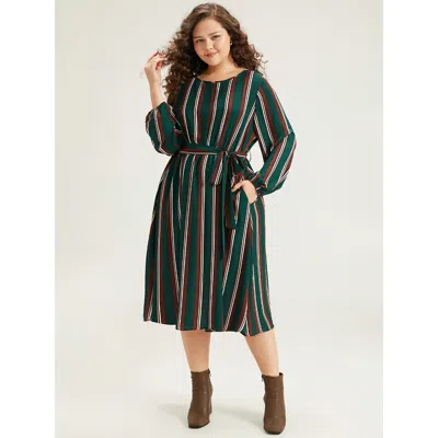 Bloomchic Women's Plus Size Striped Contrast Crew Neck Belted Dress Multicolor Office Elastic Cuffs 22-24/3x