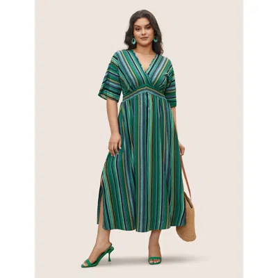 Bloomchic Women's Plus Size Striped Contrast Dolman Sleeve Shirred Pocket Split Flutter Dress Emerald Stripes  In Green